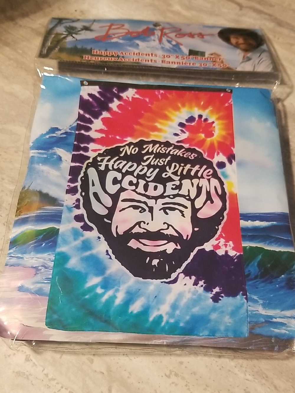 Bob Ross 'Happy Little Accident' Tie-Dye Tapestry Flag